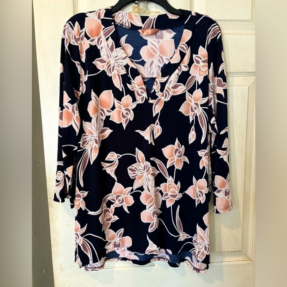 “SJS” V Neck Soft Knit Navy Blouse With Textured Pink Floral Design